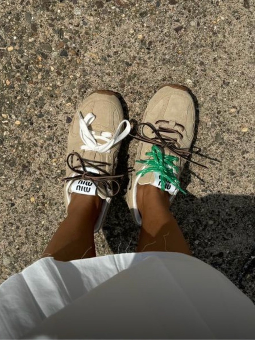 Miu Miu Beige Suede & Mesh Sneakers with Mixed Laces